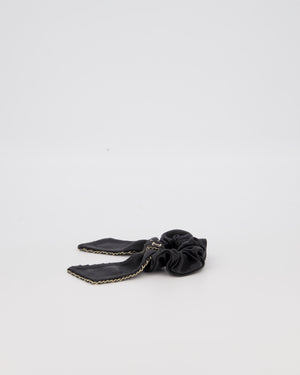Chanel Black Bow Leather Hair Scrunchie with Chain Trim Detail