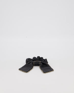 Chanel Black Bow Leather Hair Scrunchie with Chain Trim Detail