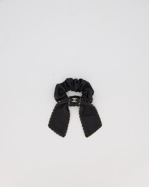 Chanel Black Bow Leather Hair Scrunchie with Chain Trim Detail