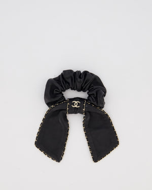 Chanel Black Bow Leather Hair Scrunchie with Chain Trim Detail