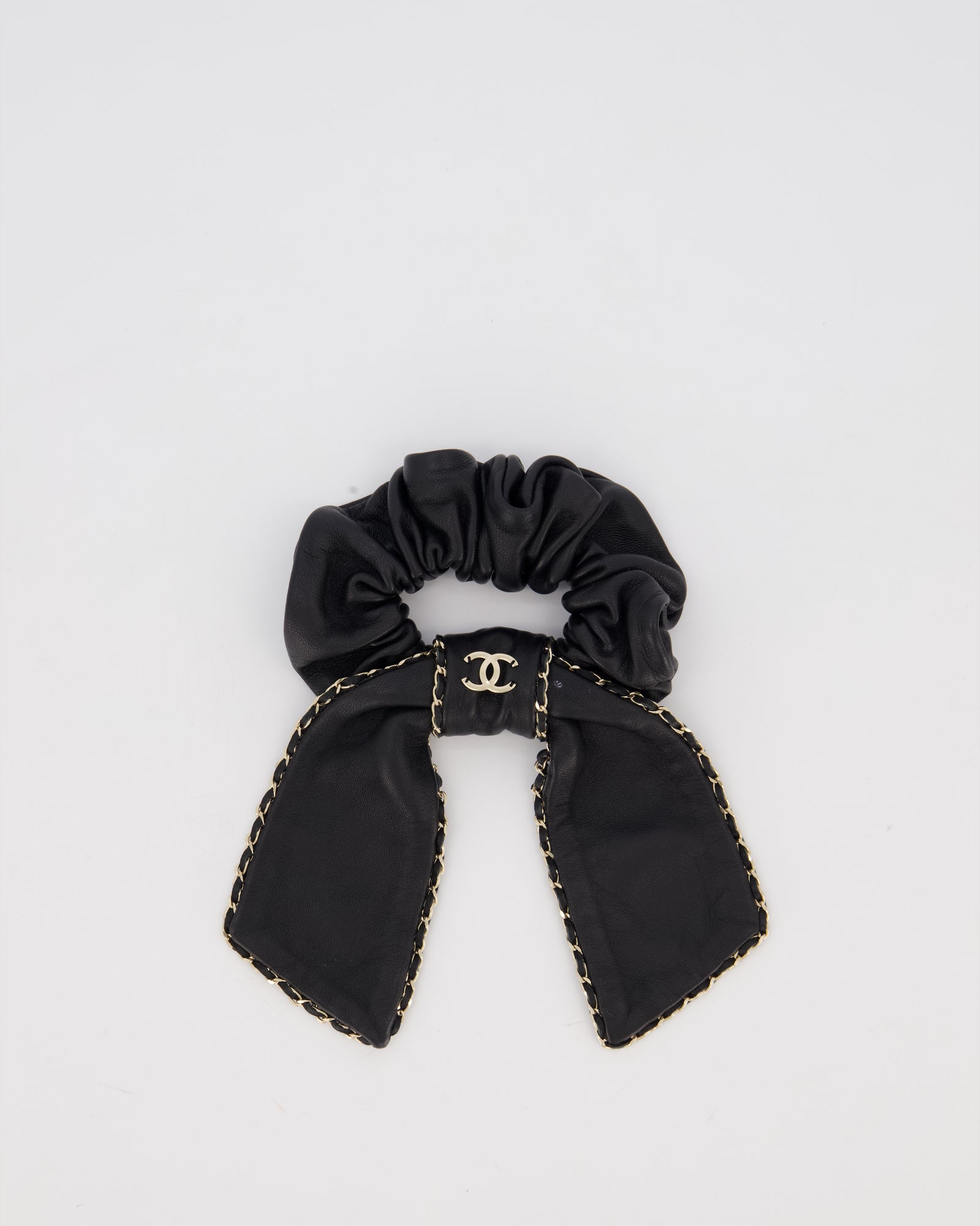 Chanel Black Bow Leather Hair Scrunchie with Chain Trim 