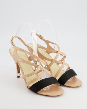 Chanel Beige Strappy Heeled Sandals with Black Toe Strap and CC Logo Detail and Pearl Heel Size EU 38.5C