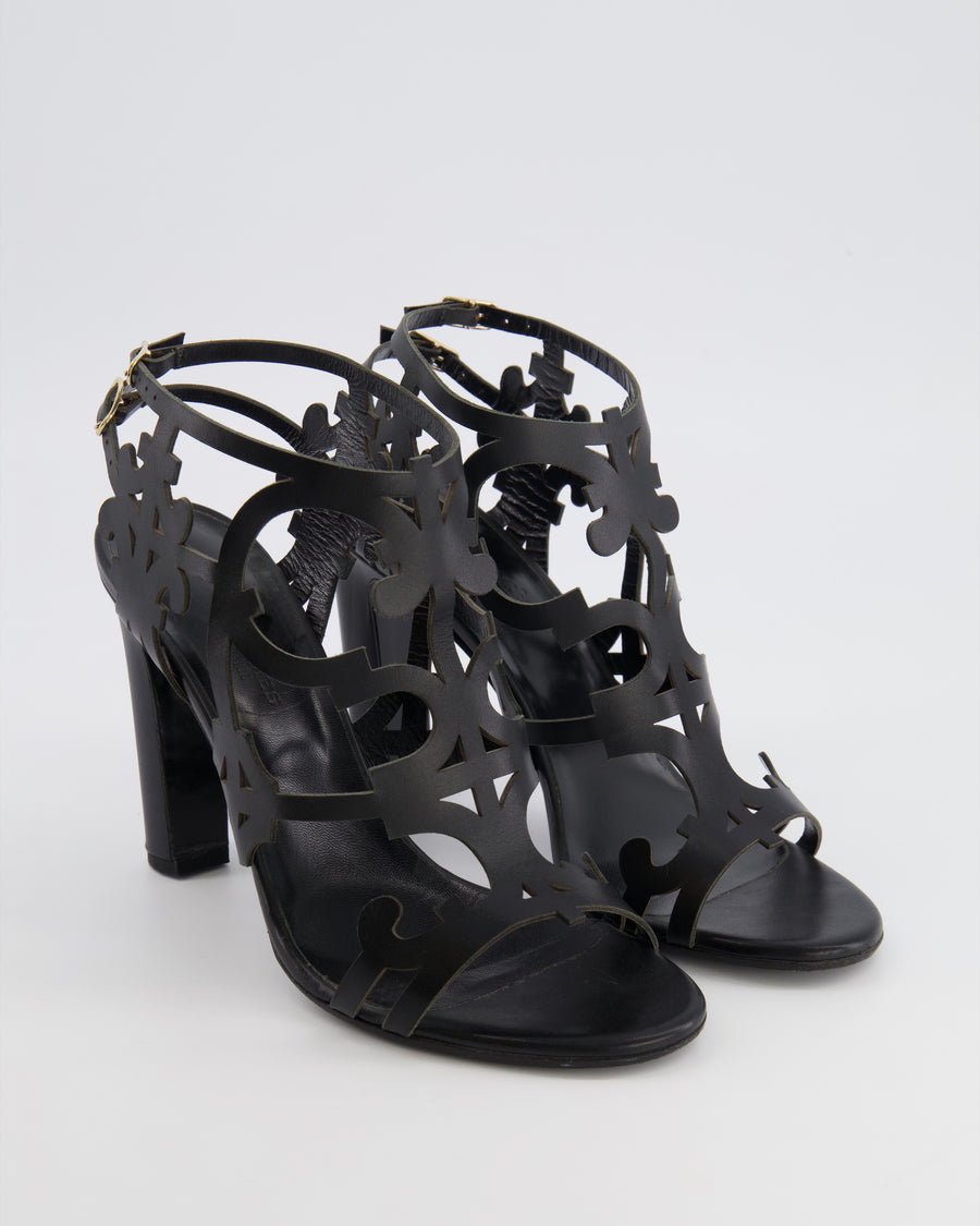 Hermès Black Leather Keira Heeled Sandals With Cutout Design Size EU 38