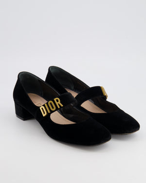 Christian Dior Baby-D Heeled Square Toe Mary Jane Pumps in Black Velvet with Gold CD Logo Detail Size EU 39
