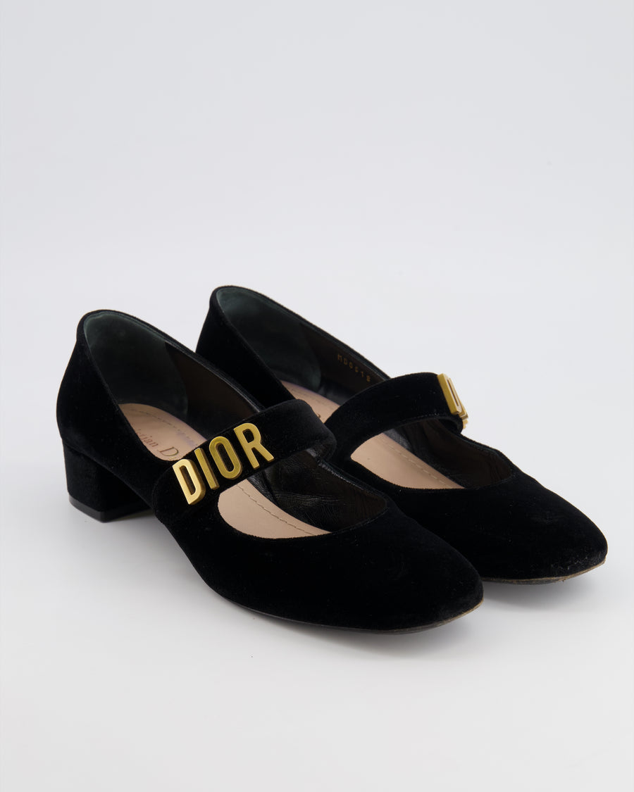 Christian Dior Baby-D Heeled Square Toe Mary Jane Pumps in Black Velvet with Gold CD Logo Detail Size EU 39