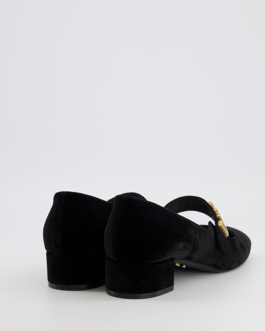 Christian Dior Baby-D Heeled Square Toe Mary Jane Pumps in Black Velvet with Gold CD Logo Detail Size EU 39