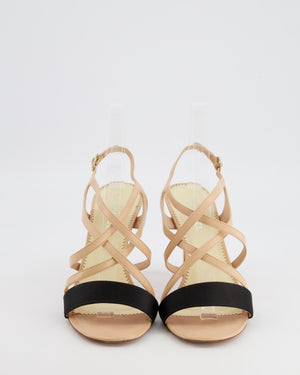 Chanel Beige Strappy Heeled Sandals with Black Toe Strap and CC Logo Detail and Pearl Heel Size EU 38.5C