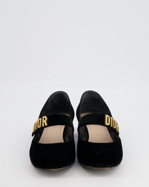 Christian Dior Baby-D Heeled Square Toe Mary Jane Pumps in Black Velvet with Gold CD Logo Detail Size EU 39
