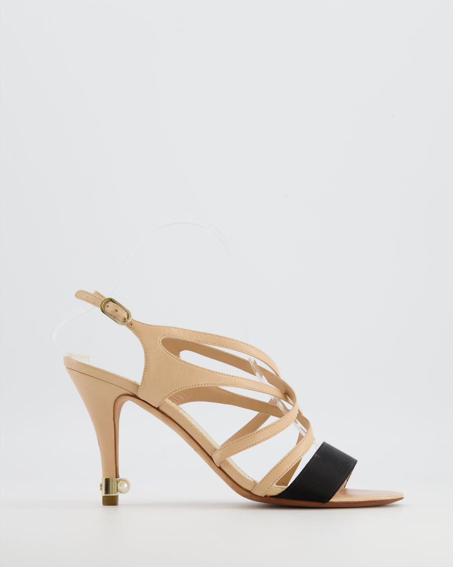 Chanel Beige Strappy Heeled Sandals with Black Toe Strap and CC Logo Detail and Pearl Heel Size EU 38.5C