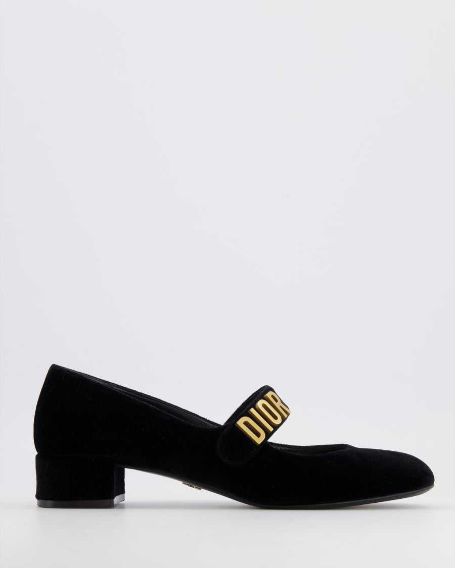 Christian Dior Baby-D Heeled Square Toe Mary Jane Pumps in Black Velvet with Gold CD Logo Detail Size EU 39