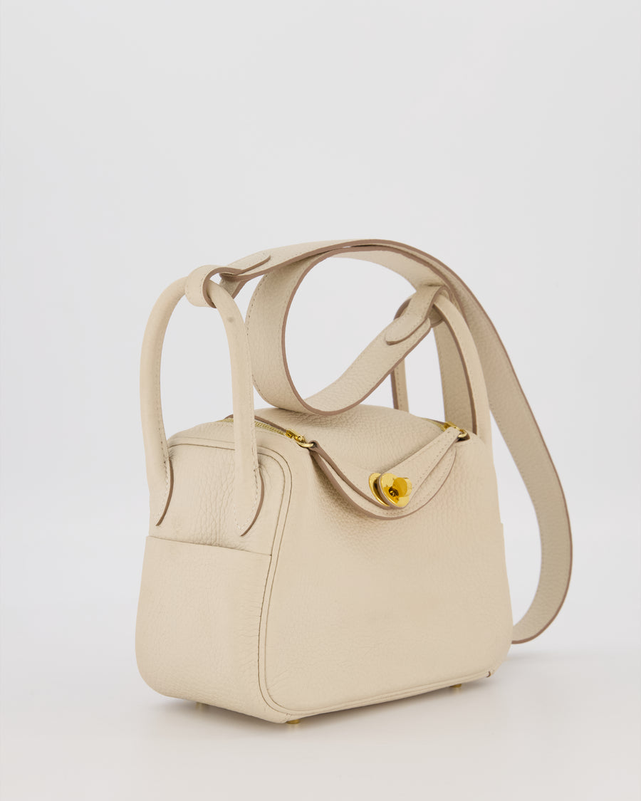 Hermès Mini Lindy II Bag in Craie Taurillon Clemence Leather with Gold Hardware