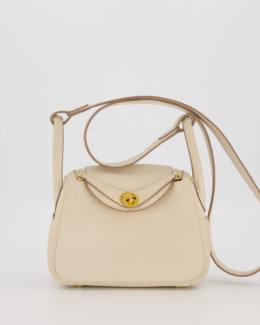 Hermès Mini Lindy II Bag in Craie Taurillon Clemence Leather with Gold Hardware