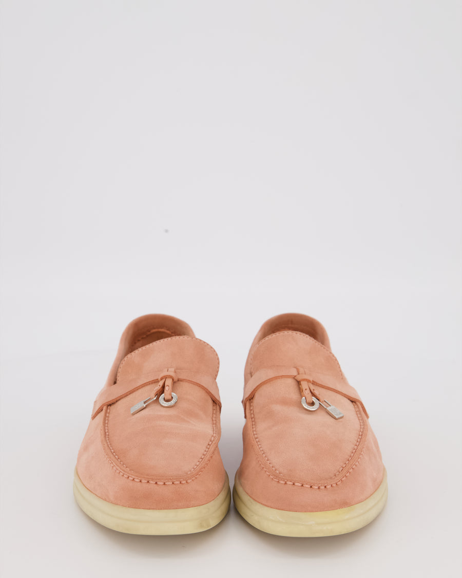 Loro Piana Coral Pink Suede Summer Charms Walk Loafers Size EU 37
