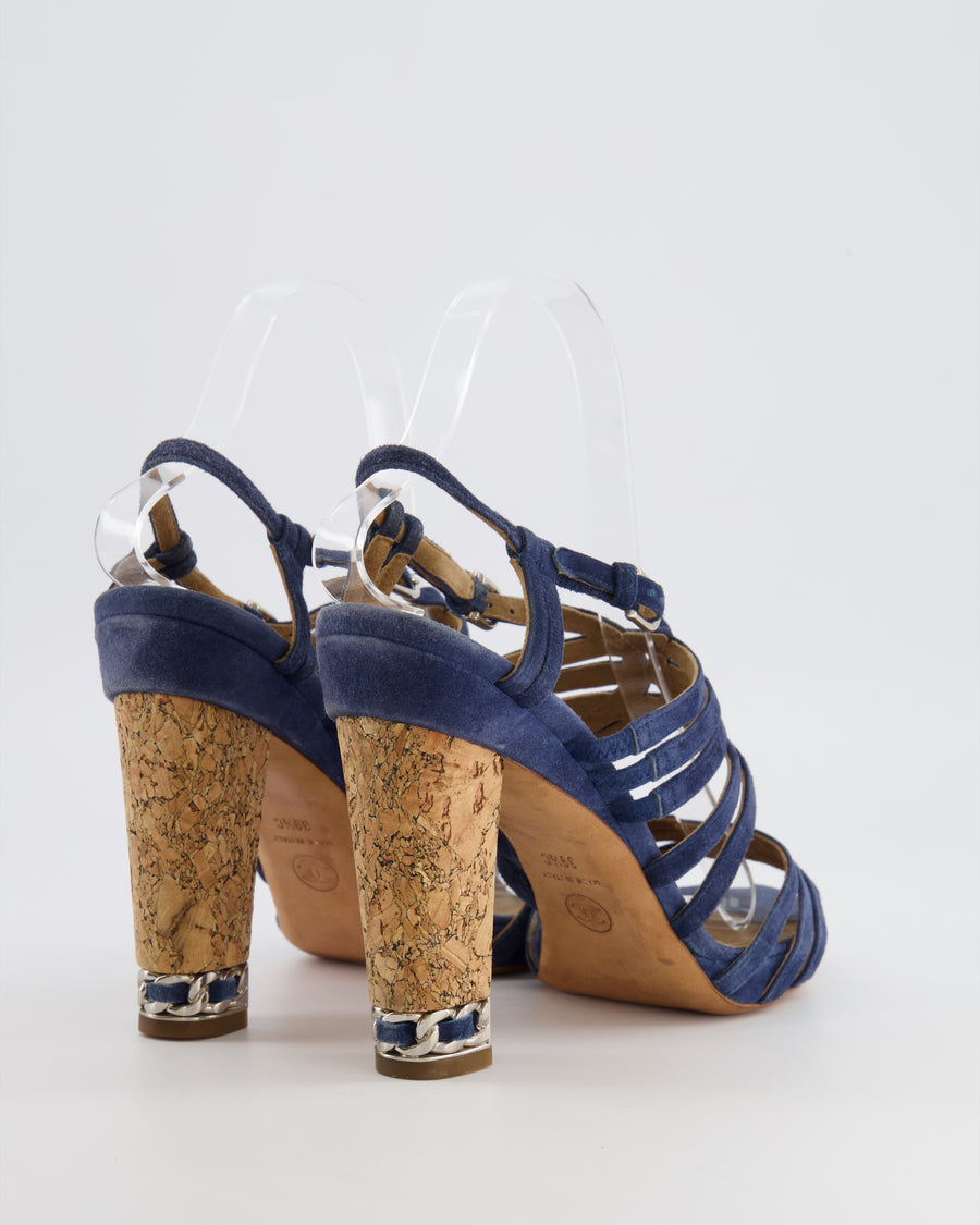 Chanel Strappy Heeled Sandals in Navy Blue Suede with Cork Heels and Silver Chain Detail with CC Logo EU 39.5C