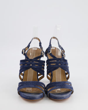 Chanel Strappy Heeled Sandals in Navy Blue Suede with Cork Heels and Silver Chain Detail with CC Logo EU 39.5C