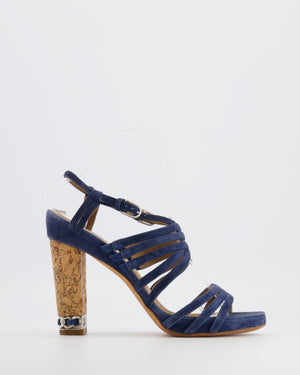Chanel Strappy Heeled Sandals in Navy Blue Suede with Cork Heels and Silver Chain Detail with CC Logo EU 39.5C