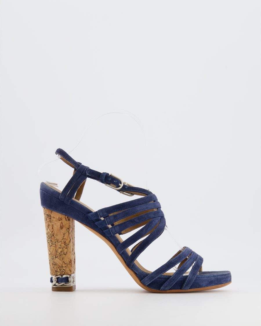 Chanel Strappy Heeled Sandals in Navy Blue Suede with Cork Heels and Silver Chain Detail with CC Logo EU 39.5C