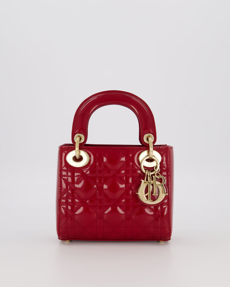 Christian Dior Red Mini Lady Dior Bag in Patent Leather with Gold Hardware