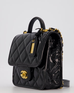 Chanel School Memory Square Top Handle Flap Bag in Black Patent Leather with Gold Hardware