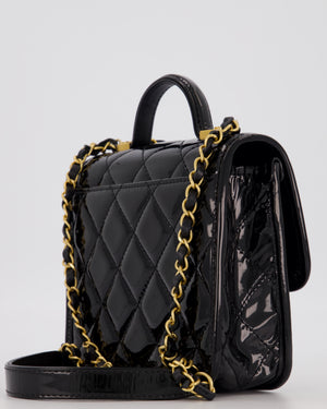 Chanel School Memory Square Top Handle Flap Bag in Black Patent Leather with Gold Hardware