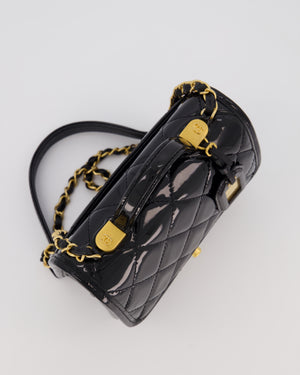 Chanel School Memory Square Top Handle Flap Bag in Black Patent Leather with Gold Hardware