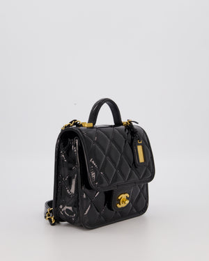 Chanel School Memory Square Top Handle Flap Bag in Black Patent Leather with Gold Hardware