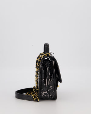 Chanel School Memory Square Top Handle Flap Bag in Black Patent Leather with Gold Hardware