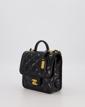 Chanel School Memory Square Top Handle Flap Bag in Black Patent Leather with Gold Hardware