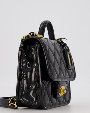 Chanel School Memory Square Top Handle Flap Bag in Black Patent Leather with Gold Hardware