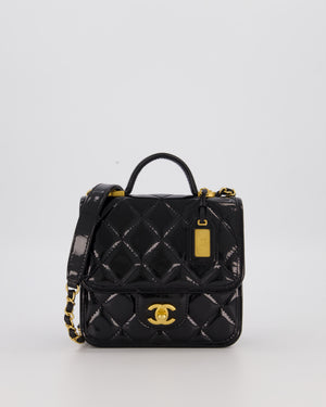 Chanel School Memory Square Top Handle Flap Bag in Black Patent Leather with Gold Hardware
