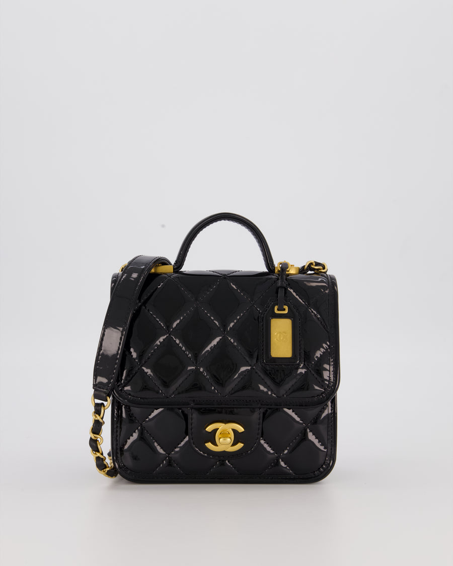 Chanel School Memory Square Top Handle Flap Bag in Black Patent Leather with Gold Hardware