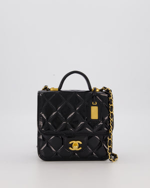 Chanel School Memory Square Top Handle Flap Bag in Black Patent Leather with Gold Hardware