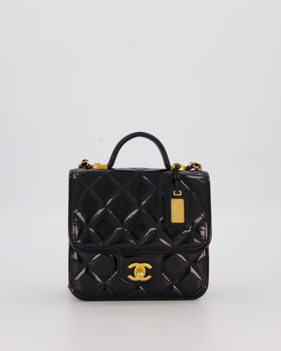 Chanel School Memory Square Top Handle Flap Bag in Black Patent Leather with Gold Hardware