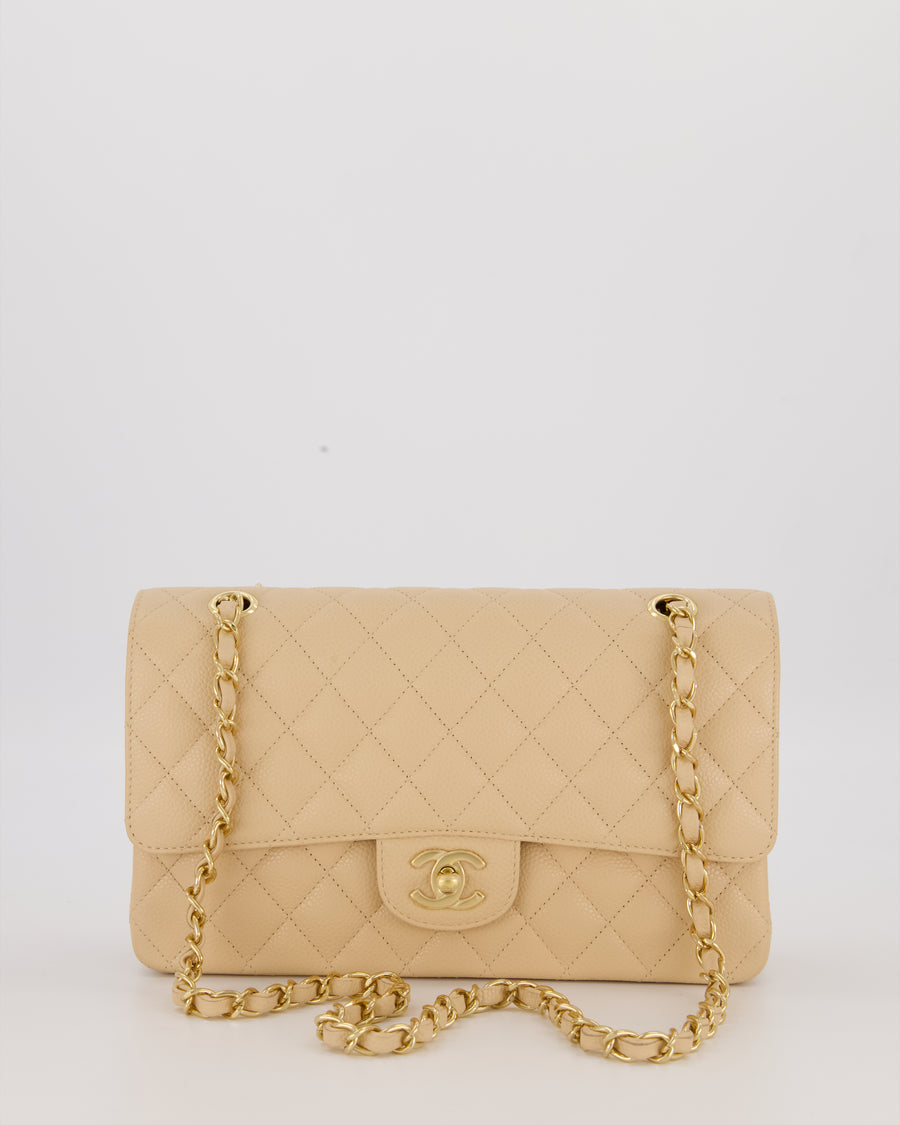 Chanel Beige Classic Medium Double Flap Bag in Caviar Leather with Gold Hardware