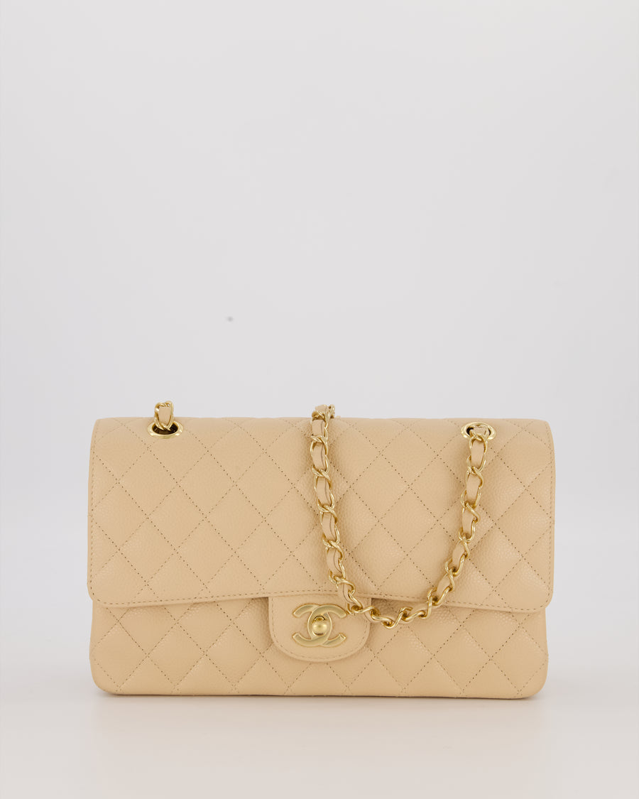 Chanel Beige Classic Medium Double Flap Bag in Caviar Leather with Gold Hardware