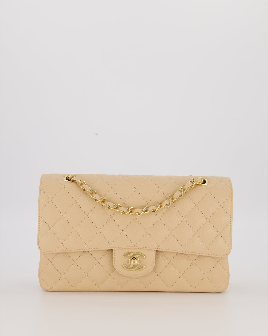 Chanel Beige Classic Medium Double Flap Bag in Caviar Leather with Gold Hardware