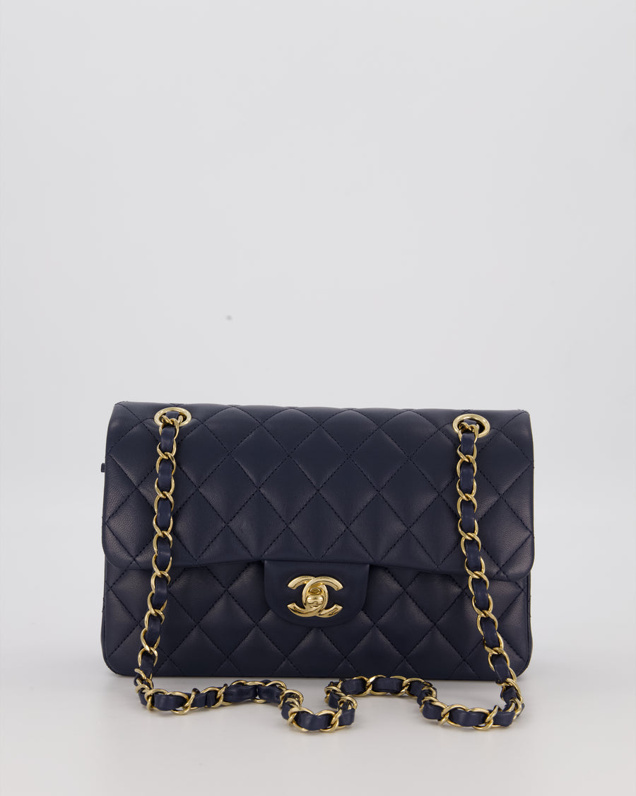 Chanel Blue Small Classic Double Flap Bag in Lambskin Leather with Champagne Gold Hardware