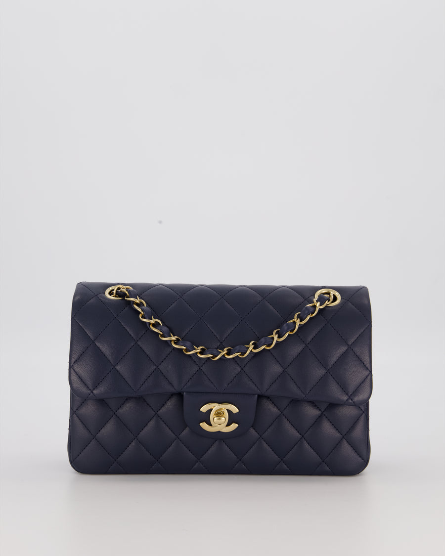 Chanel Blue Small Classic Double Flap Bag in Lambskin Leather with Champagne Gold Hardware