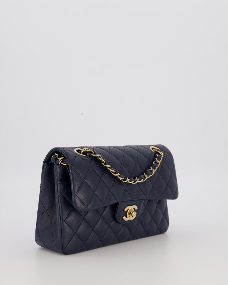 Chanel Blue Small Classic Double Flap Bag in Lambskin Leather with Champagne Gold Hardware