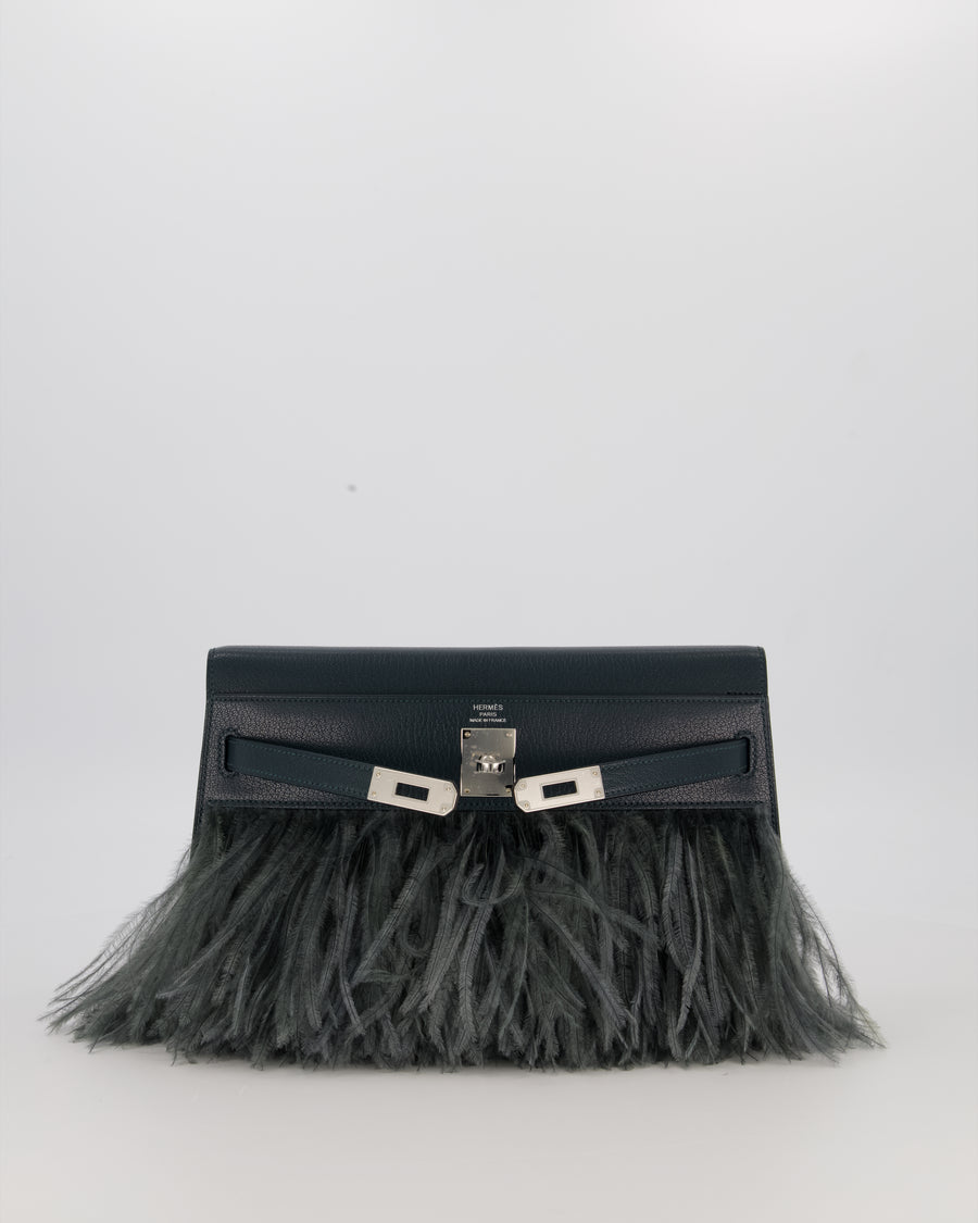 *VERY RARE* Hermès Kelly Elan Folie Bag in Vert Cypress Chevrè Chamkila Leather with Vert Mangrove Ostrich Plumes and Palladium Hardware