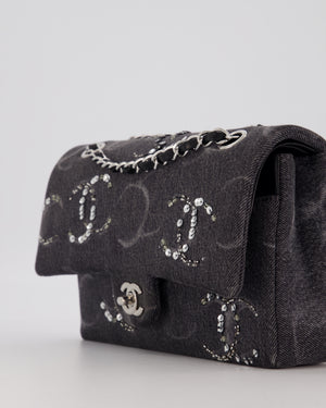 Chanel Black Charcoal Medium Double Flap Bag in Denim with Silver Hardware and Sequin Embellished CC Detail