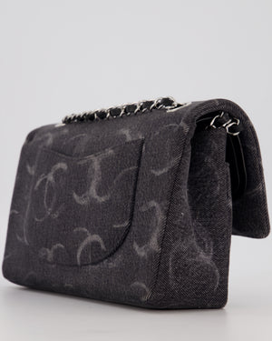 Chanel Black Charcoal Medium Double Flap Bag in Denim with Silver Hardware and Sequin Embellished CC Detail
