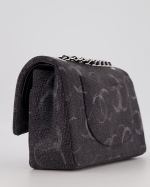 Chanel Black Charcoal Medium Double Flap Bag in Denim with Silver Hardware and Sequin Embellished CC Detail