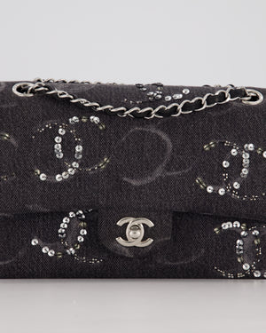 Chanel Black Charcoal Medium Double Flap Bag in Denim with Silver Hardware and Sequin Embellished CC Detail
