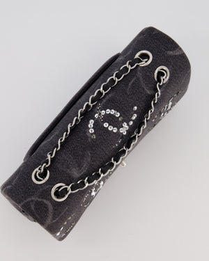 Chanel Black Charcoal Medium Double Flap Bag in Denim with Silver Hardware and Sequin Embellished CC Detail