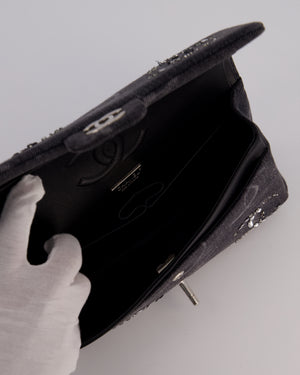 Chanel Black Charcoal Medium Double Flap Bag in Denim with Silver Hardware and Sequin Embellished CC Detail