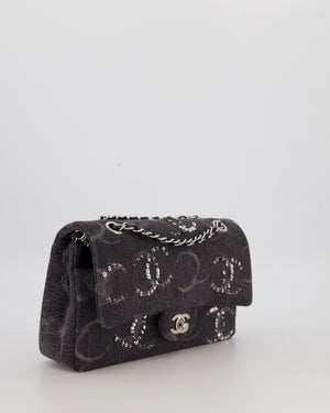 Chanel Black Charcoal Medium Double Flap Bag in Denim with Silver Hardware and Sequin Embellished CC Detail