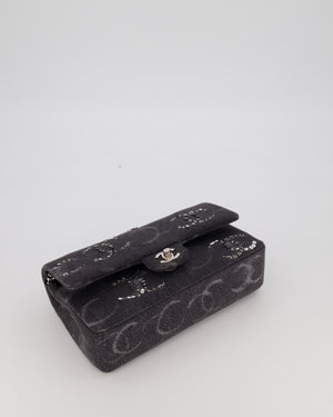 Chanel Black Charcoal Medium Double Flap Bag in Denim with Silver Hardware and Sequin Embellished CC Detail
