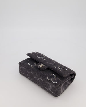 Chanel Black Charcoal Medium Double Flap Bag in Denim with Silver Hardware and Sequin Embellished CC Detail