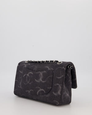 Chanel Black Charcoal Medium Double Flap Bag in Denim with Silver Hardware and Sequin Embellished CC Detail